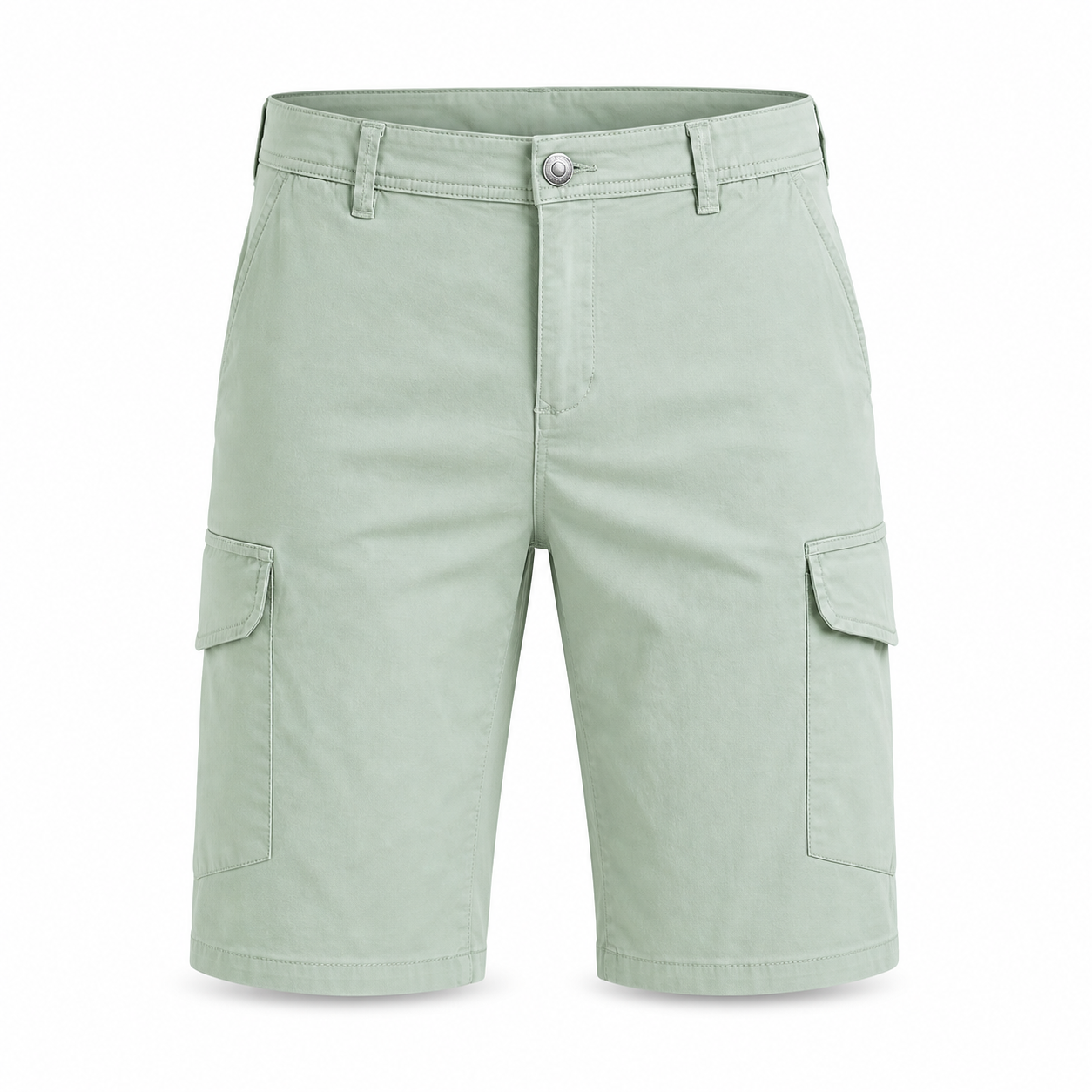 Bruce & Co men's mint green cargo shorts on invisible mannequin, front view
