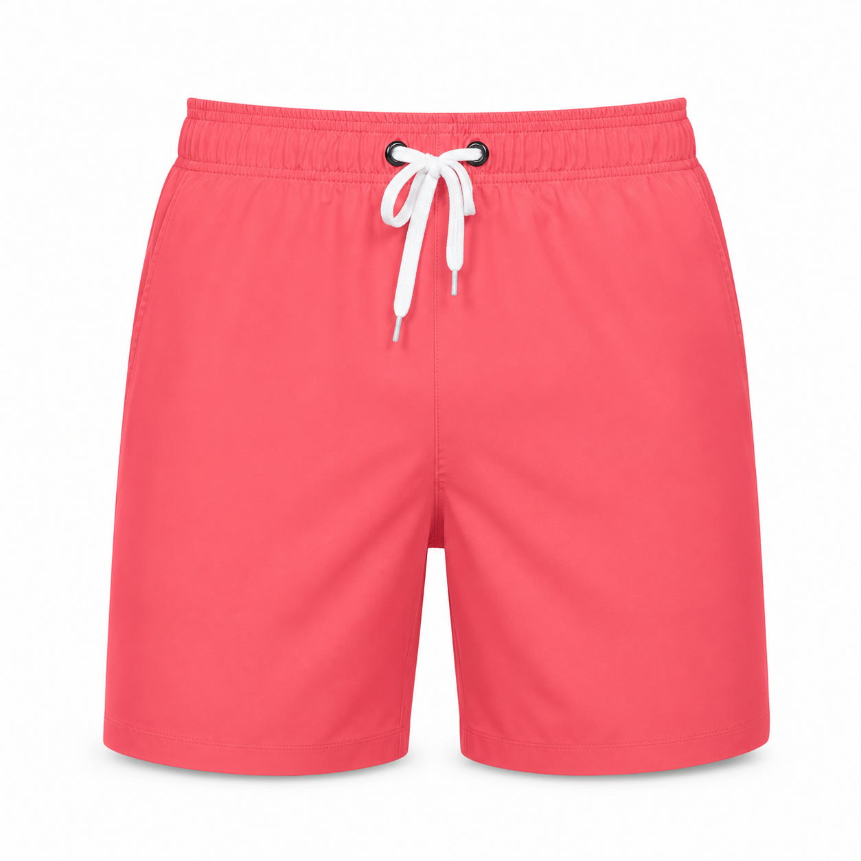 Men's coral pink quick-dry swim shorts, front view