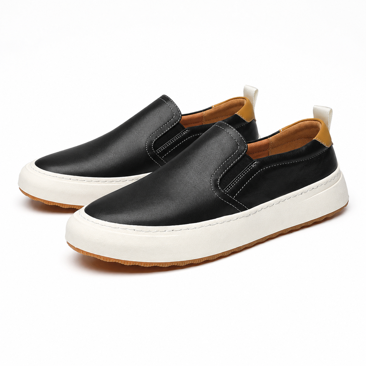 Men's black slip-on loafers, diagonal pair view