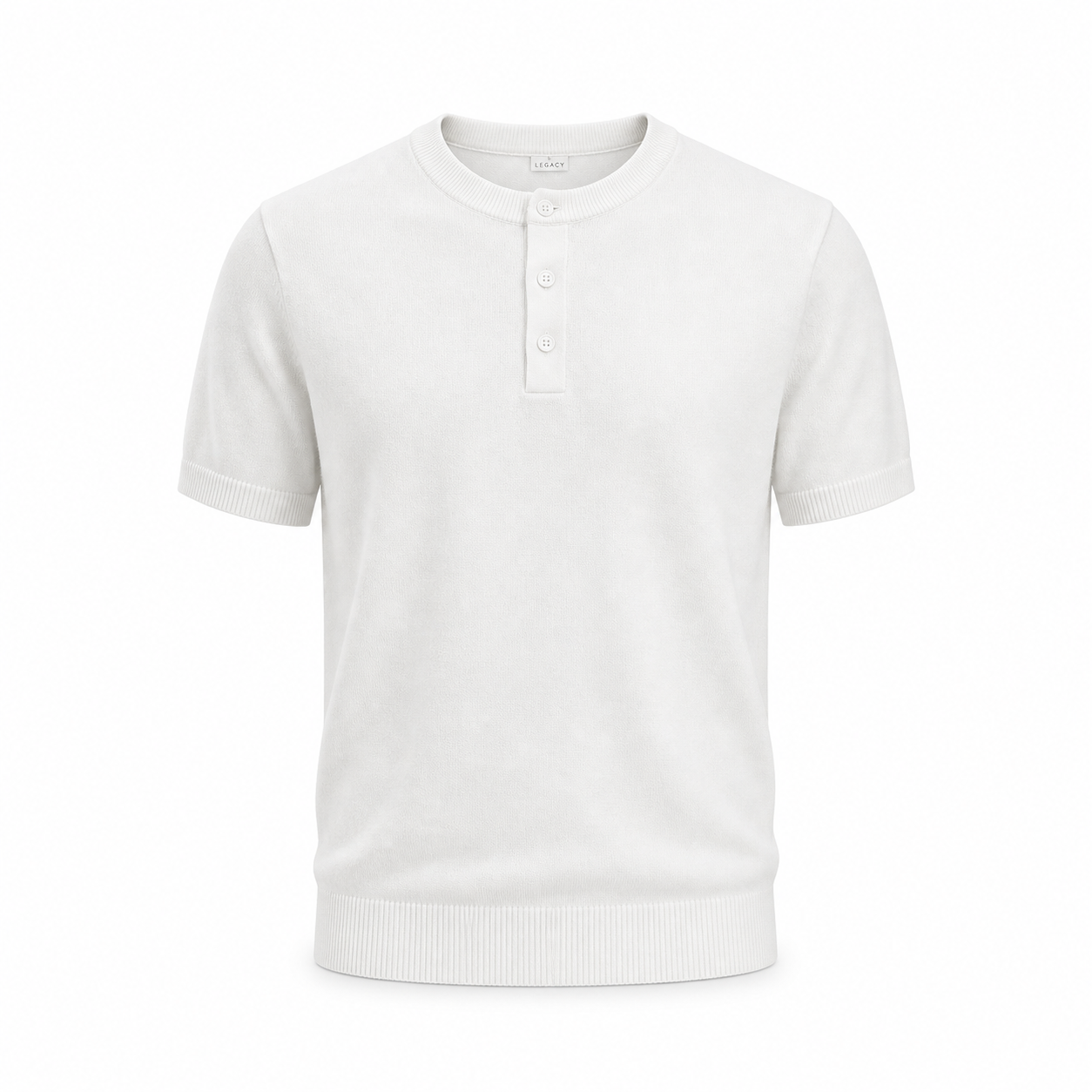 Bruce & Co men's white knit Henley shirt on invisible mannequin, front view