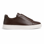 Bruce & Co Norvane dark brown laceless low-top sneakers side profile on pure white