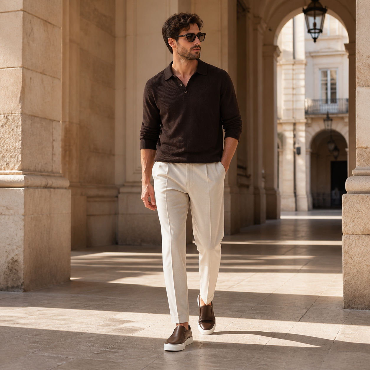 Bruce & Co Norvane dark brown laceless sneakers worn in an elegant arcade