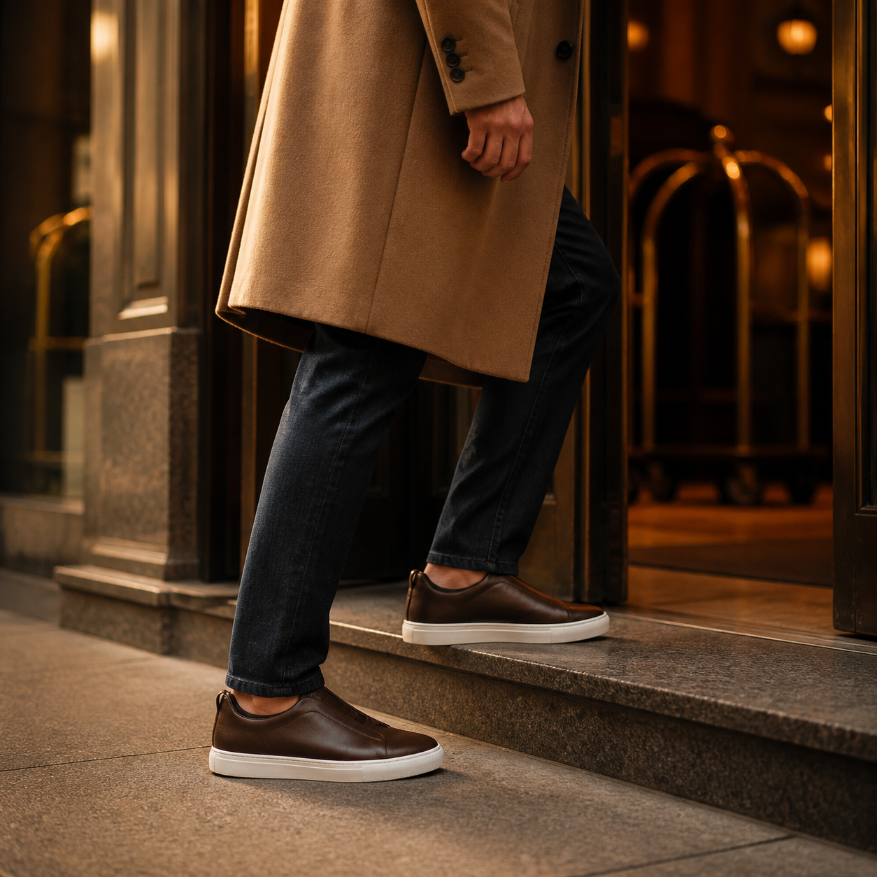 Bruce & Co Norvane dark brown laceless sneakers worn in a refined hotel setting