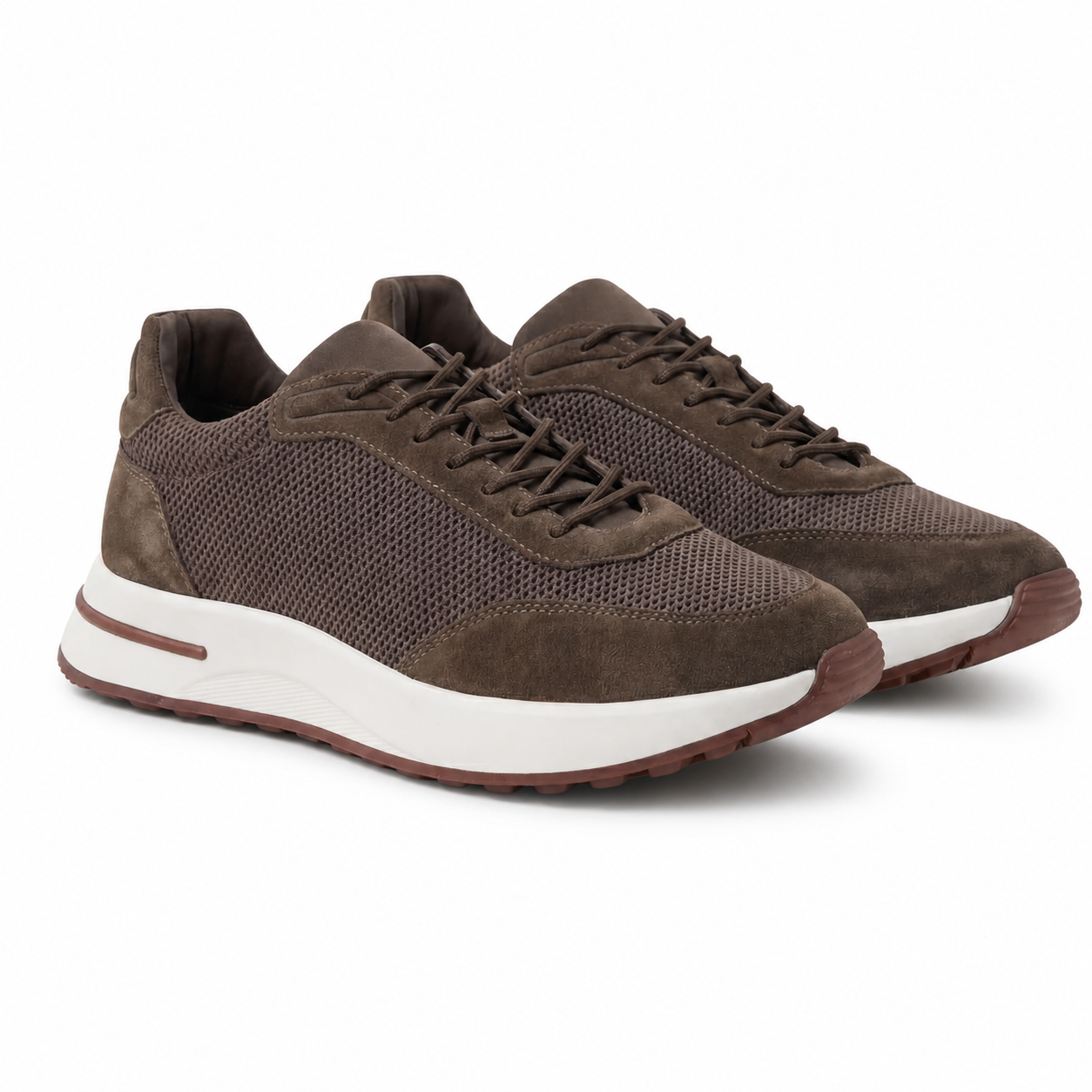 Bruce & Co Orvessa brown mesh sneakers main three-quarter view on pure white