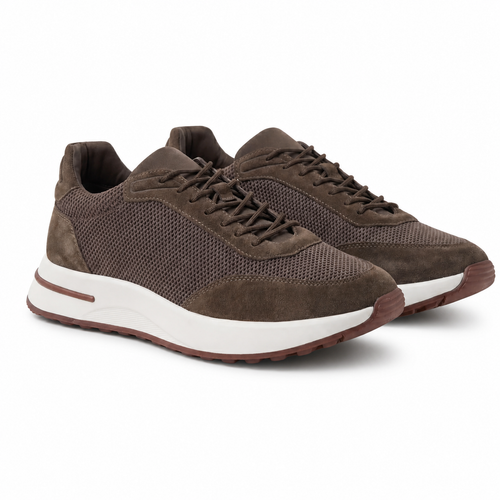 Bruce & Co Orvessa brown mesh sneakers main three-quarter view on pure white