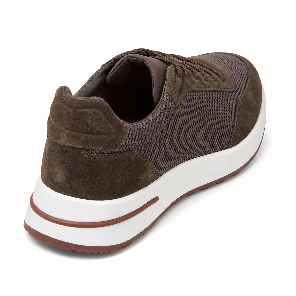 Bruce & Co Orvessa brown mesh sneaker rear three-quarter view on pure white