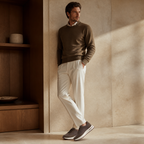 Bruce & Co Orvessa brown mesh sneakers worn in a refined studio