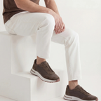 Bruce & Co Orvessa brown mesh sneakers styled with cream trousers