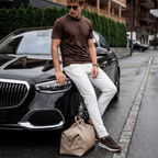 Bruce & Co Orvessa brown mesh sneakers worn in an alpine street setting