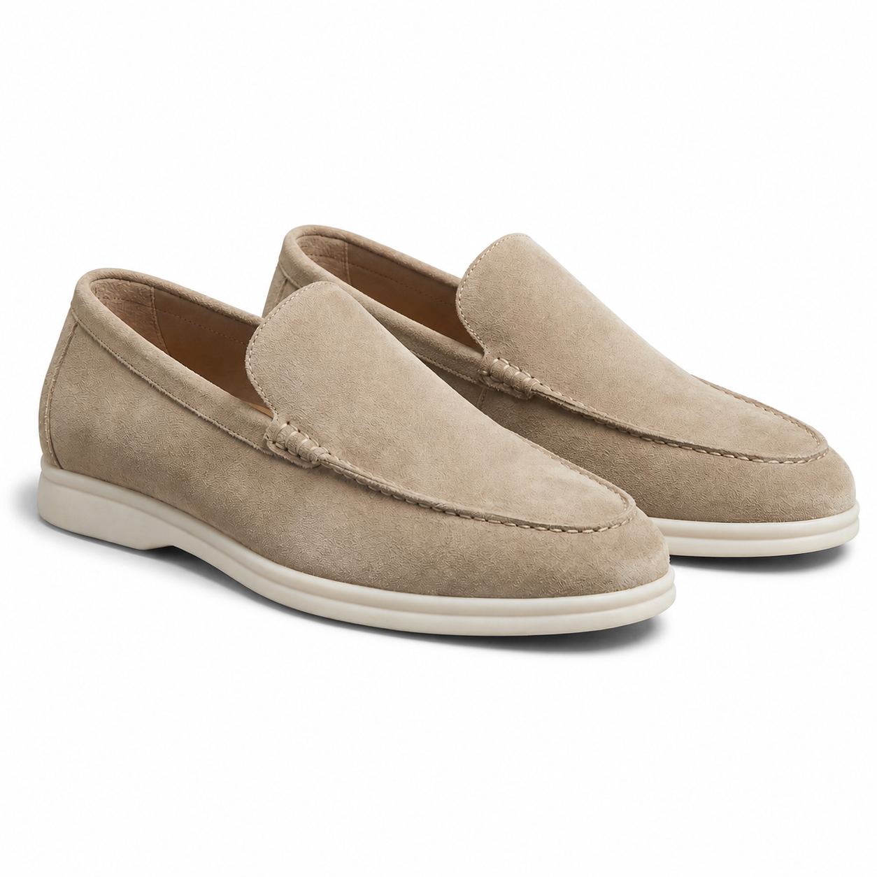Men's beige suede slip-on loafers, diagonal view on white