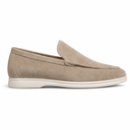 Men's beige suede slip-on loafer, side view on white