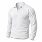 Men's white textured long-sleeve polo sweater, ghost mannequin on white