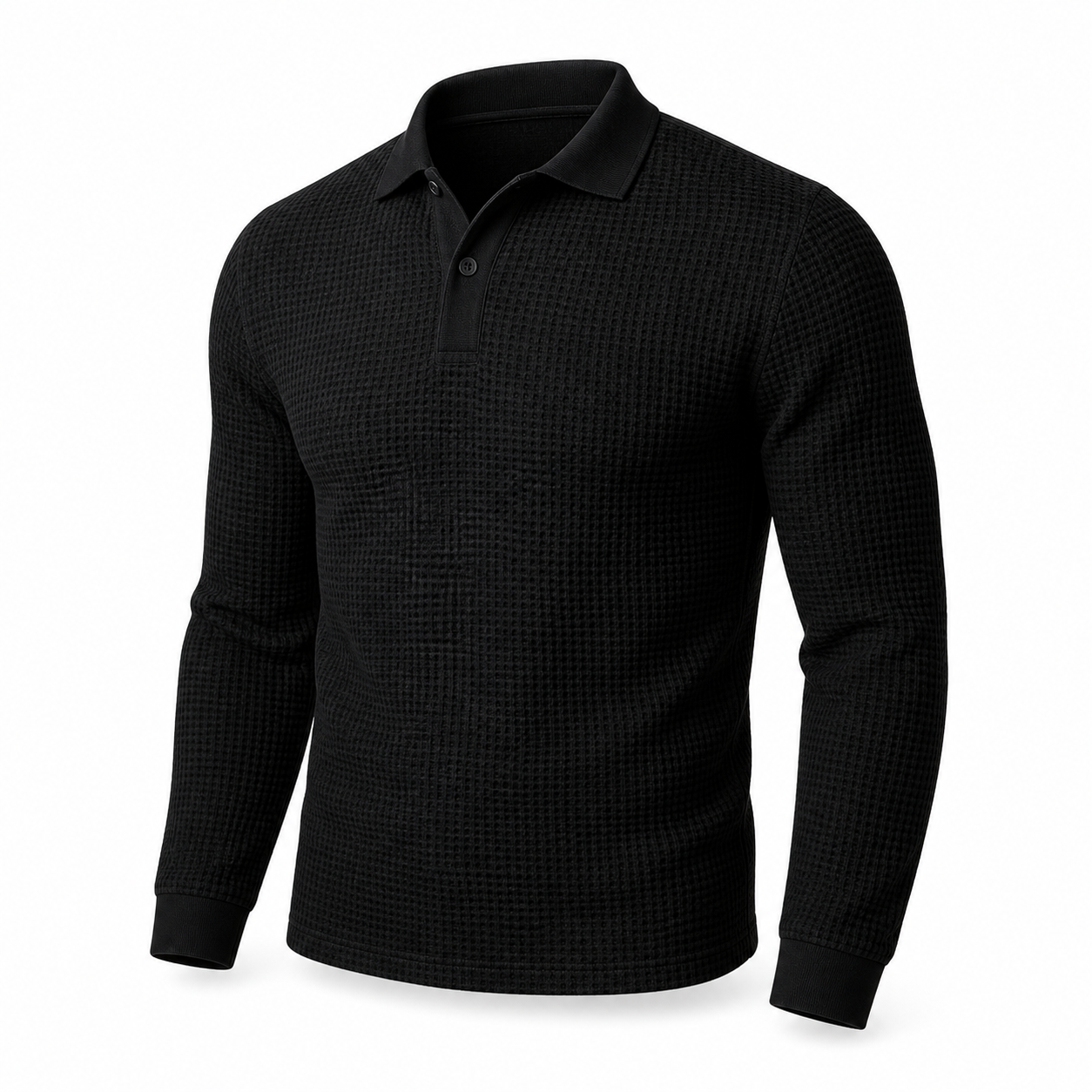 Men's black textured long-sleeve polo sweater, ghost mannequin on white