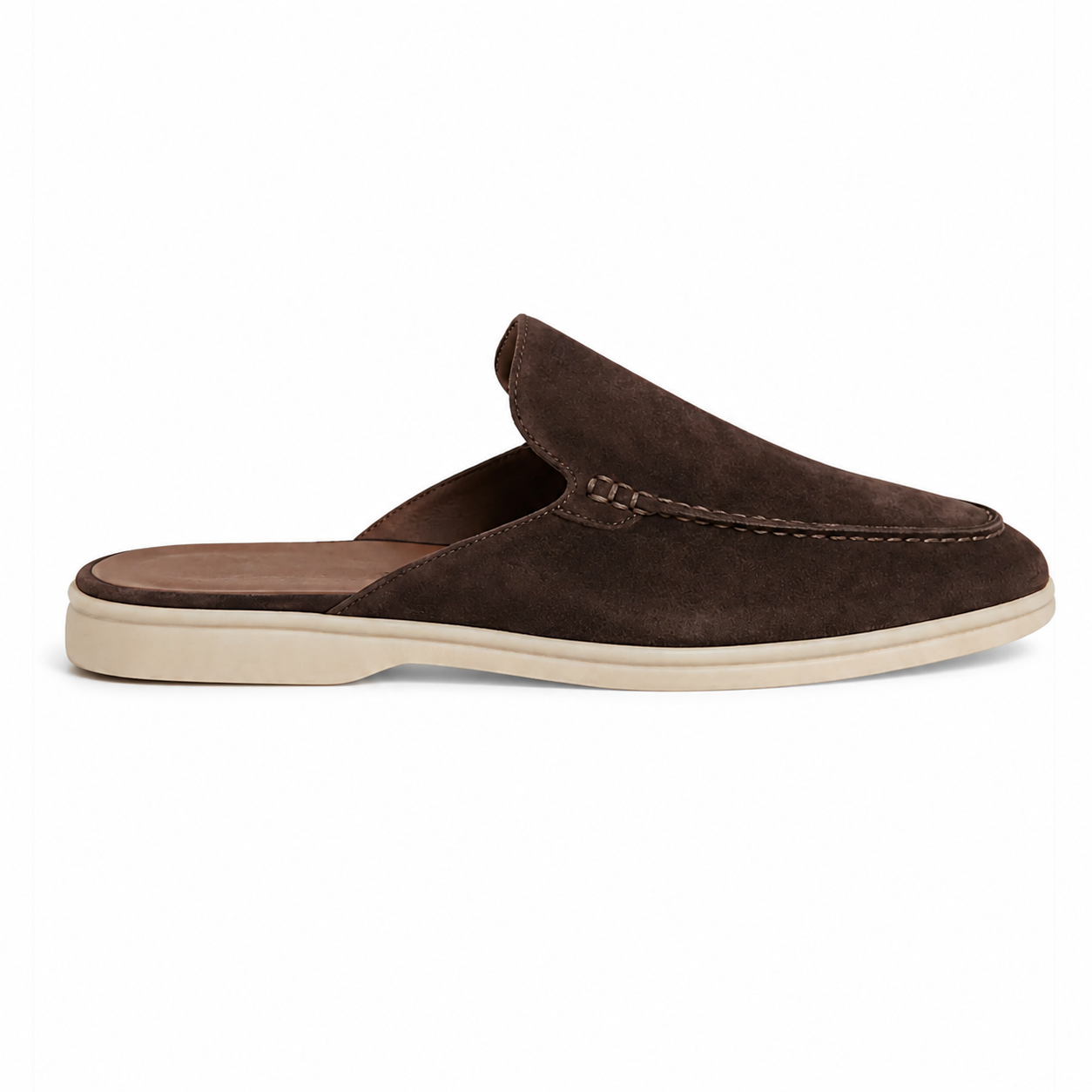 Bruce & Co Vellaro brown open-back loafer side view