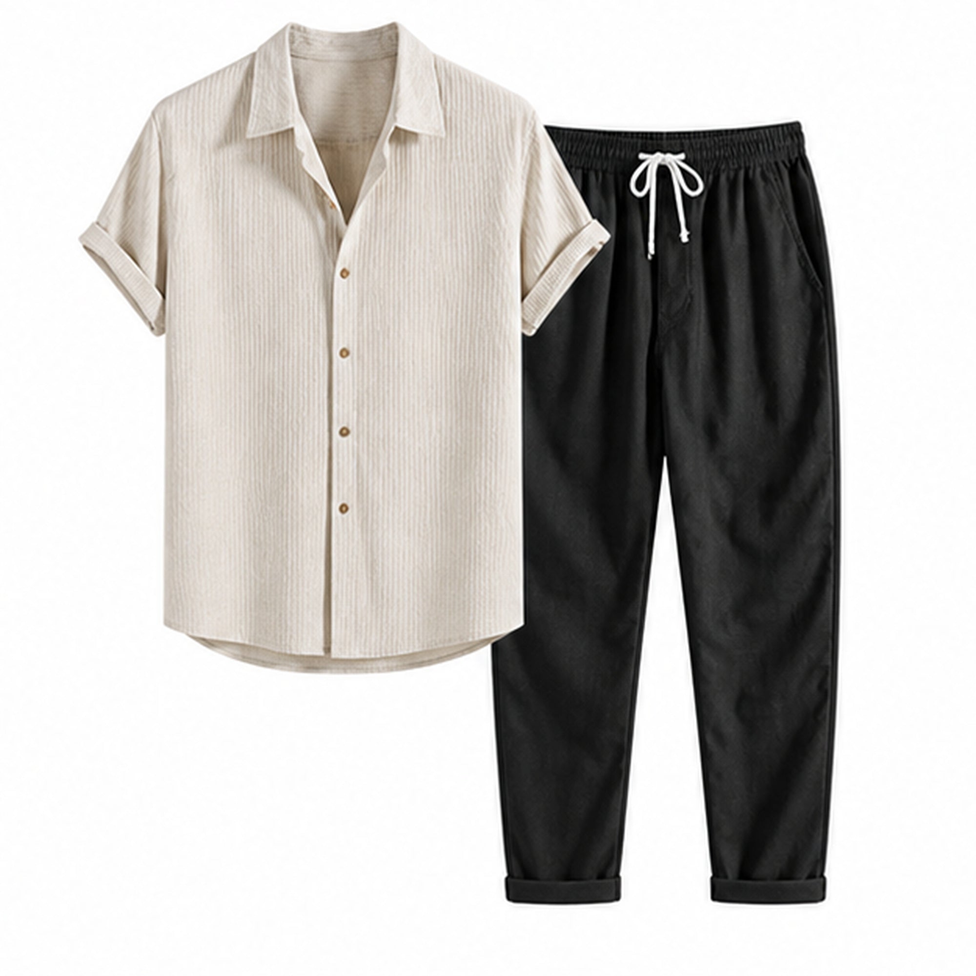Lorvaro beige shirt and black trousers studio front view
