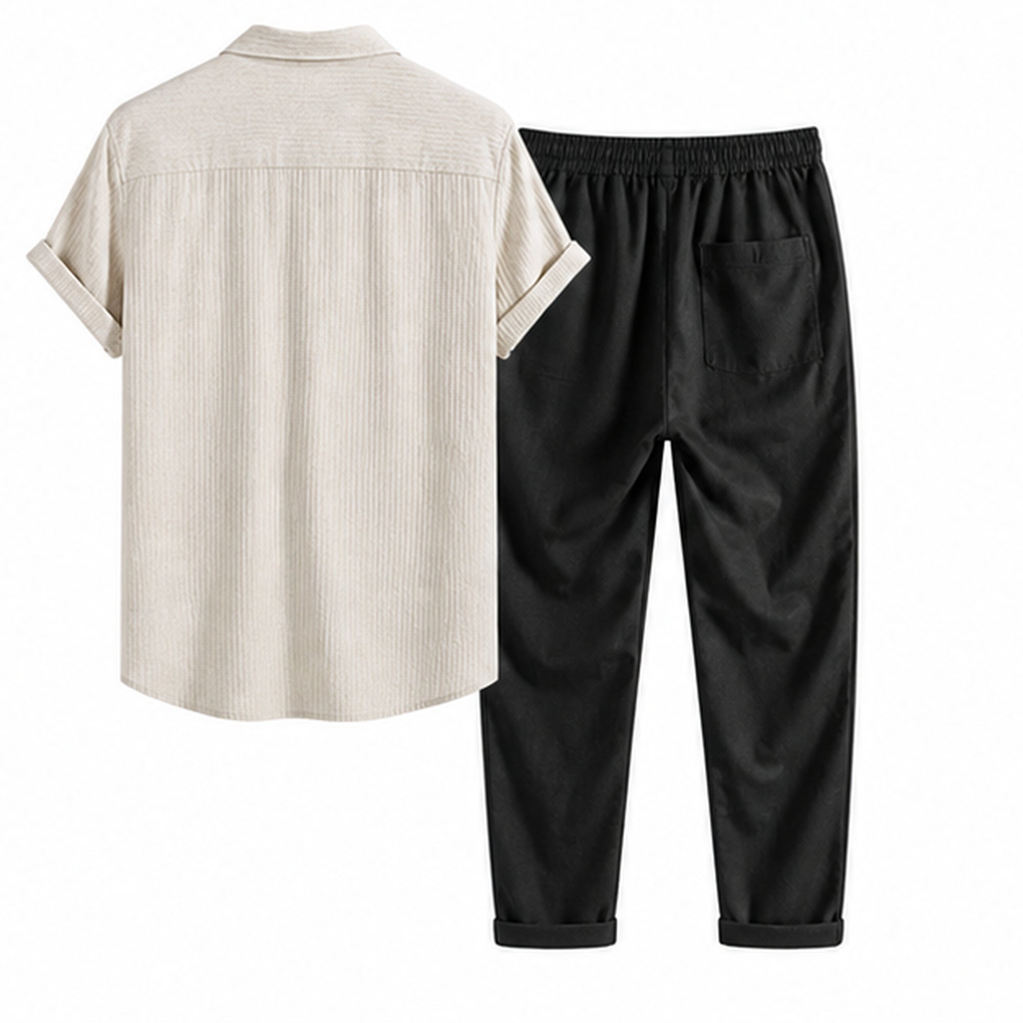 Lorvaro beige shirt and black trousers studio rear view