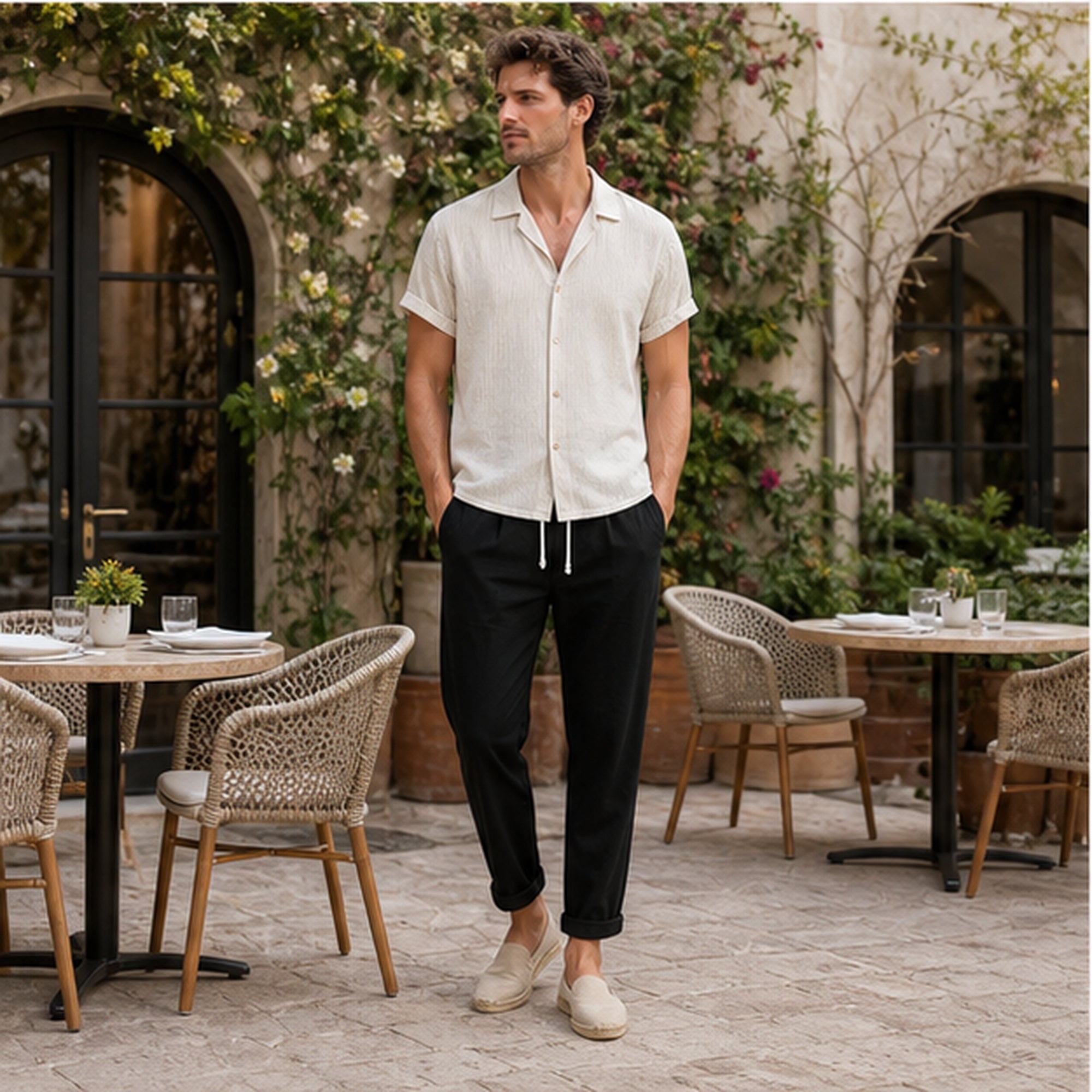 Lorvaro beige and black set in a coastal courtyard