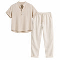 Lorvello ecru pinstripe shirt and ivory trousers set, front ghost mannequin view