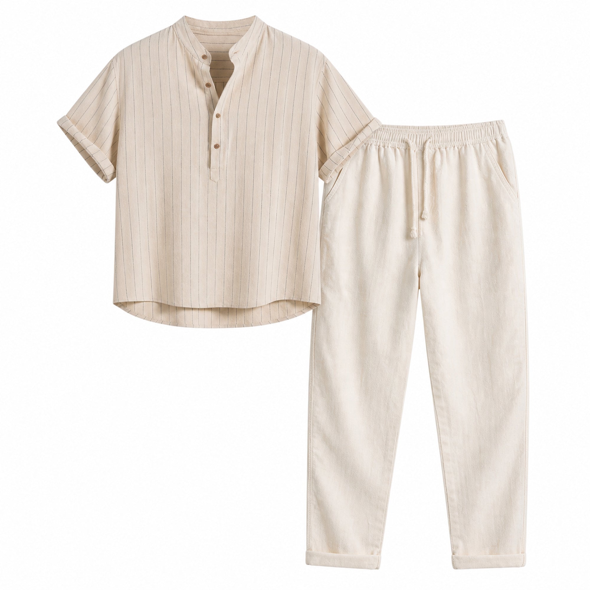 Lorvello ecru pinstripe shirt and ivory trousers set, front ghost mannequin view