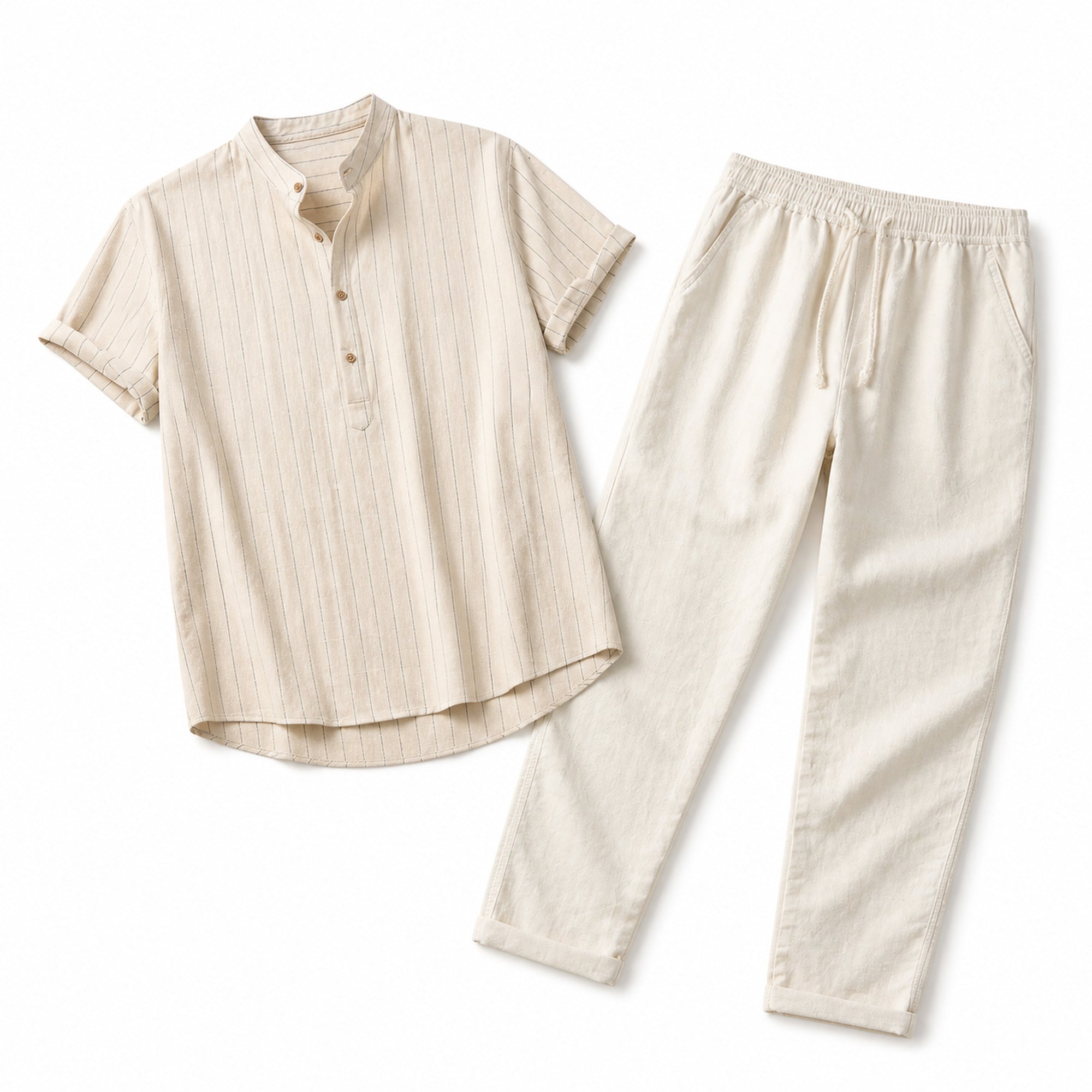 Lorvello ecru pinstripe shirt and ivory trousers set, studio flat-lay