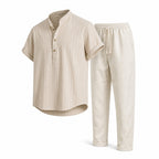 Lorvello ecru pinstripe shirt and ivory trousers set, angled ghost mannequin view