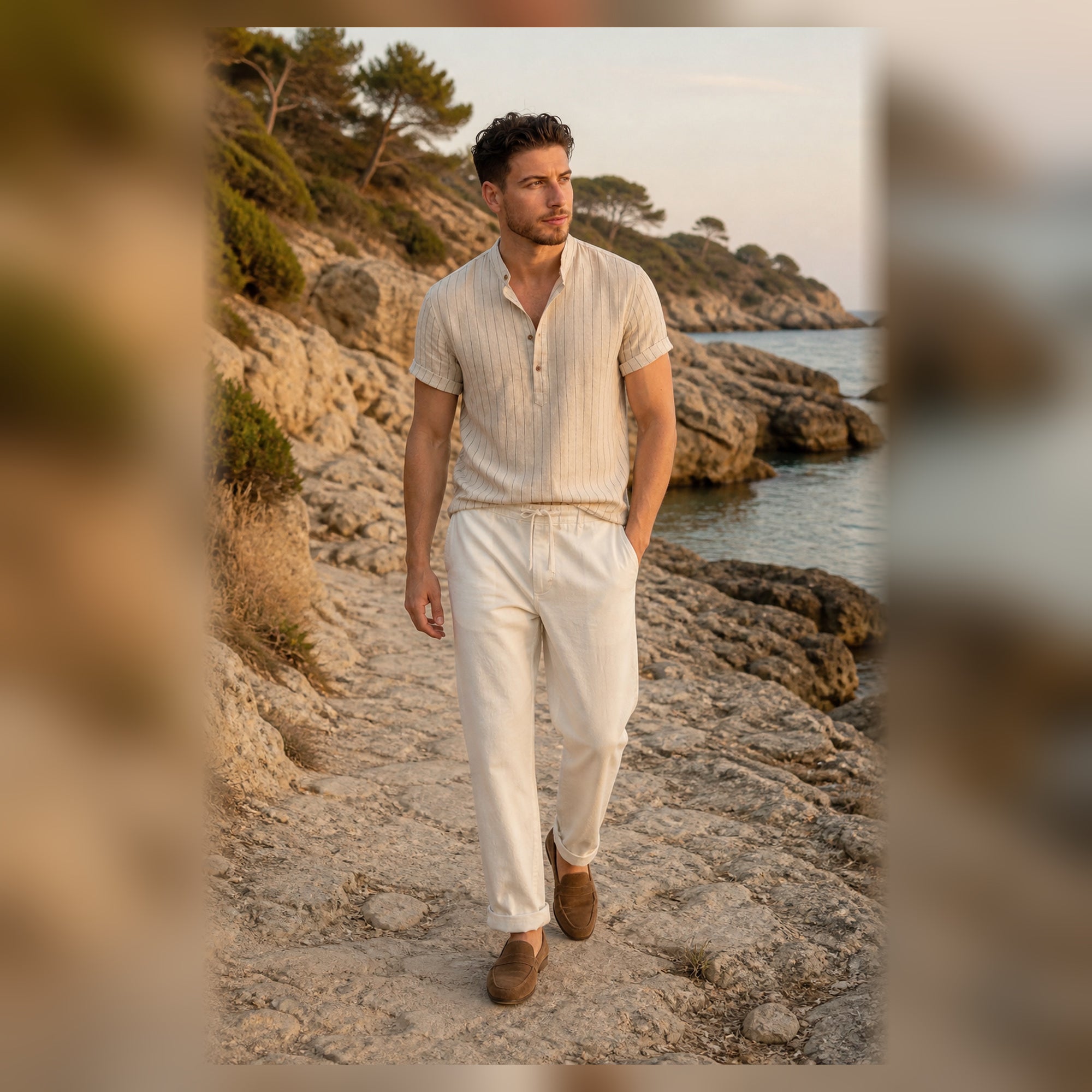 Lorvello outfit styled beside a Mediterranean cove