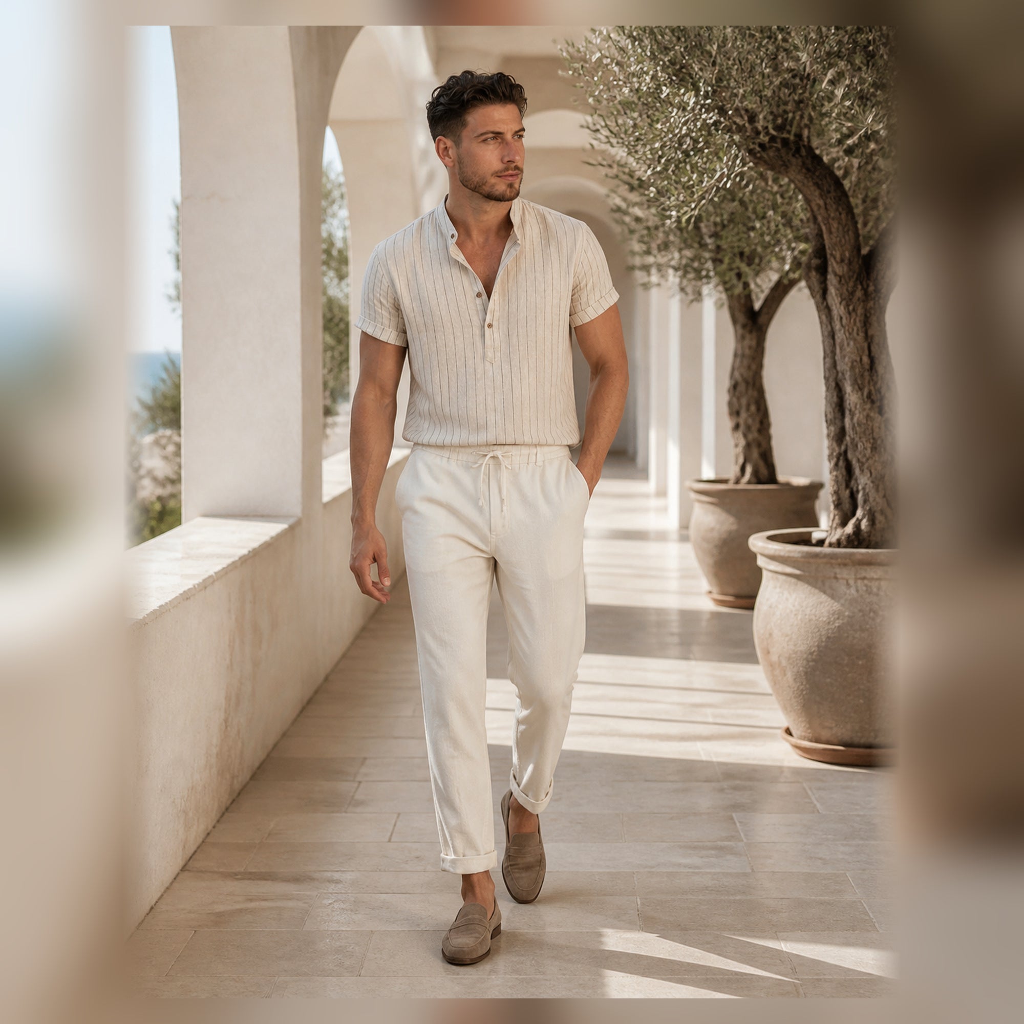 Lorvello outfit styled in a white-stone resort