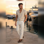 Lorvello outfit styled on a marina promenade at sunset