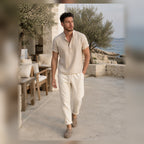 Lorvello outfit styled outside a coastal cafe