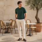Maredane green rib-knit polo styled at a Mediterranean cafe