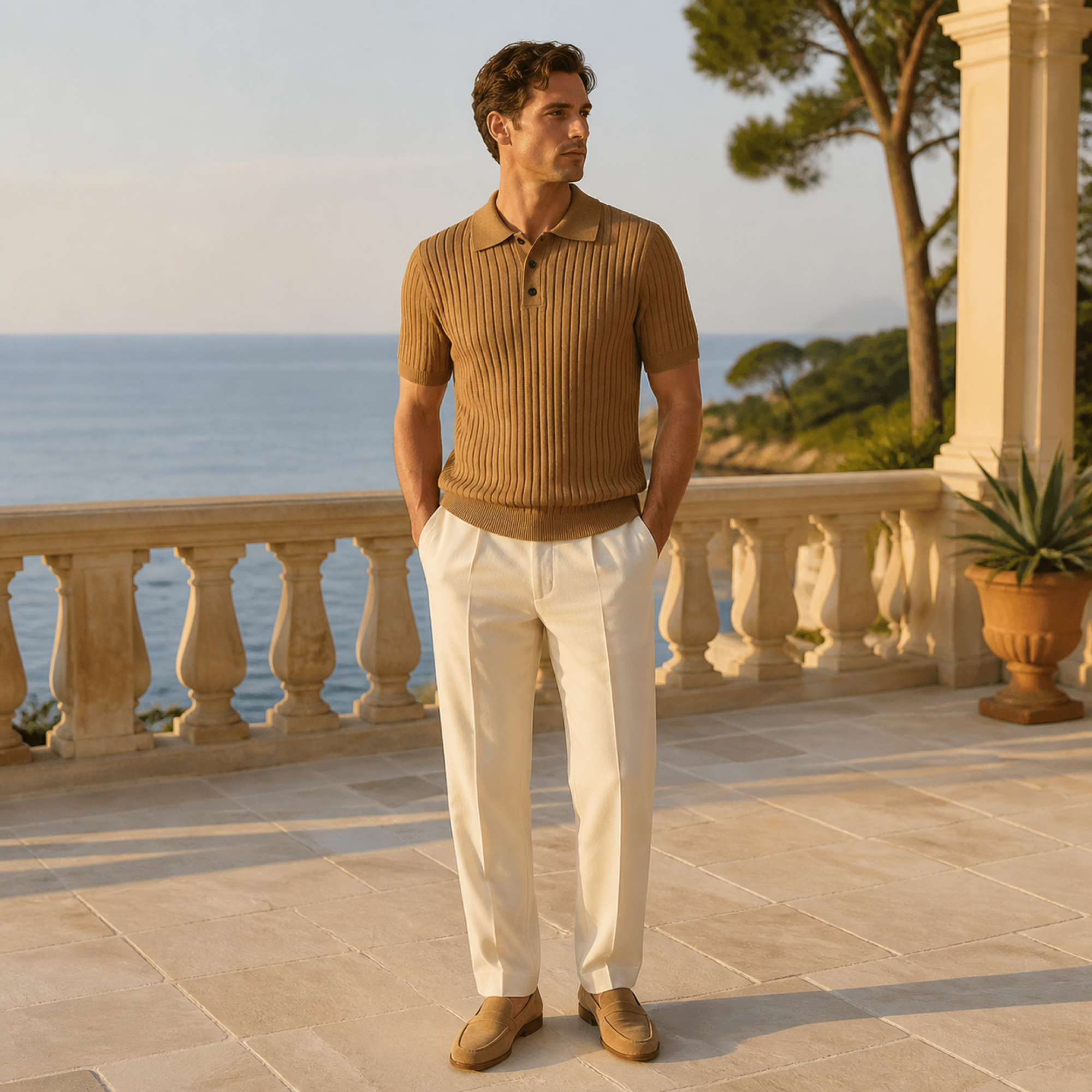 Maredane light brown rib-knit polo styled on a coastal terrace