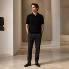 Maredane black rib-knit polo styled in a modern gallery