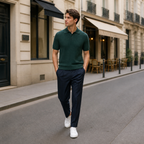 Maredane green rib-knit polo styled in a European city