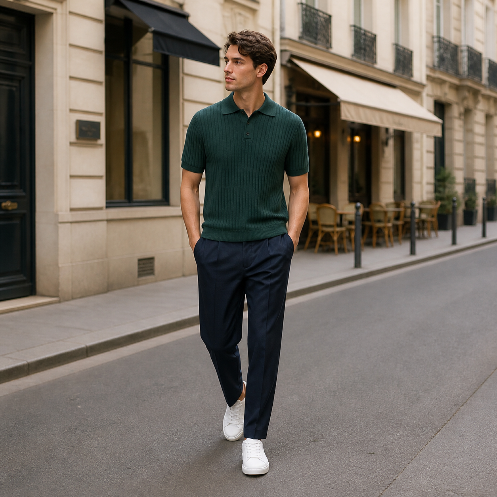 Maredane green rib-knit polo styled in a European city