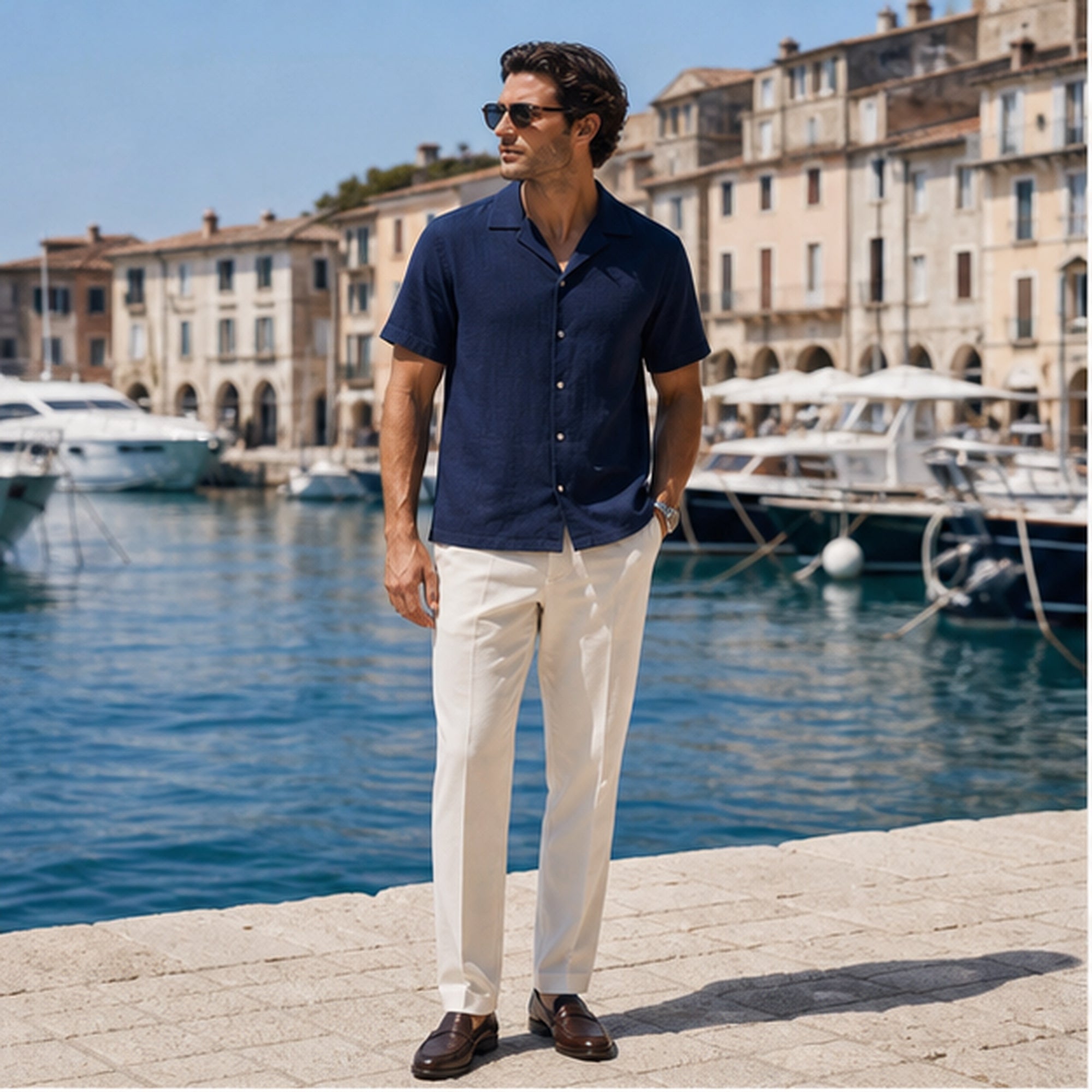 Maremora navy blue camp shirt at a Mediterranean marina