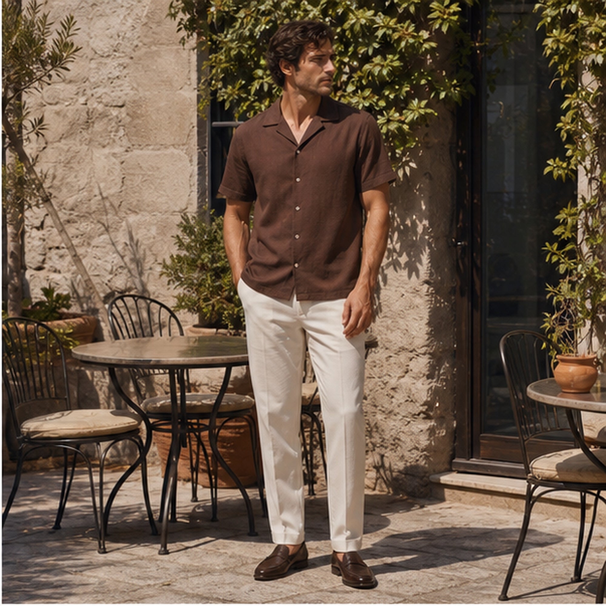 Maremora brown camp shirt in a coastal cafe courtyard
