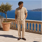 Maremora beige camp shirt on a sea-view terrace