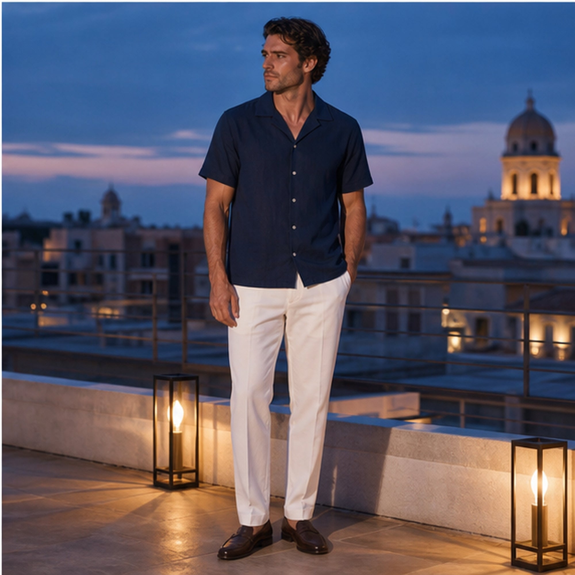 Maremora navy blue camp shirt on an evening rooftop