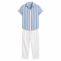 Maresaro light blue and white striped shirt with white drawstring trousers, front ghost mannequin view