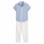 Maresaro light blue and white striped shirt with white drawstring trousers, front ghost mannequin view