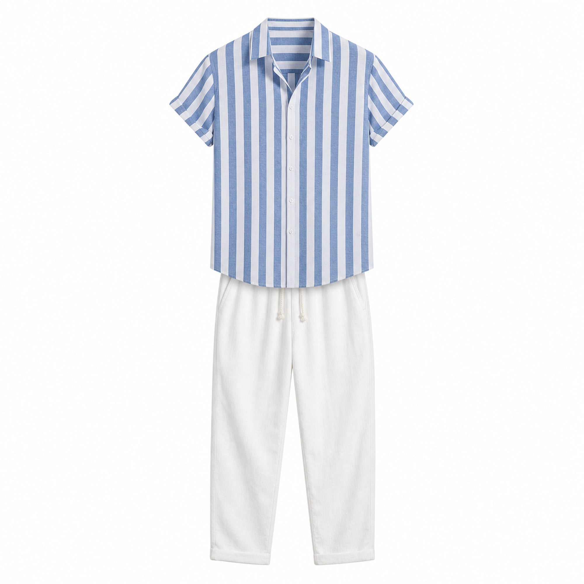 Maresaro light blue and white striped shirt with white drawstring trousers, front ghost mannequin view