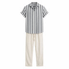 Maresaro gray and white striped shirt with ivory drawstring trousers, front ghost mannequin view
