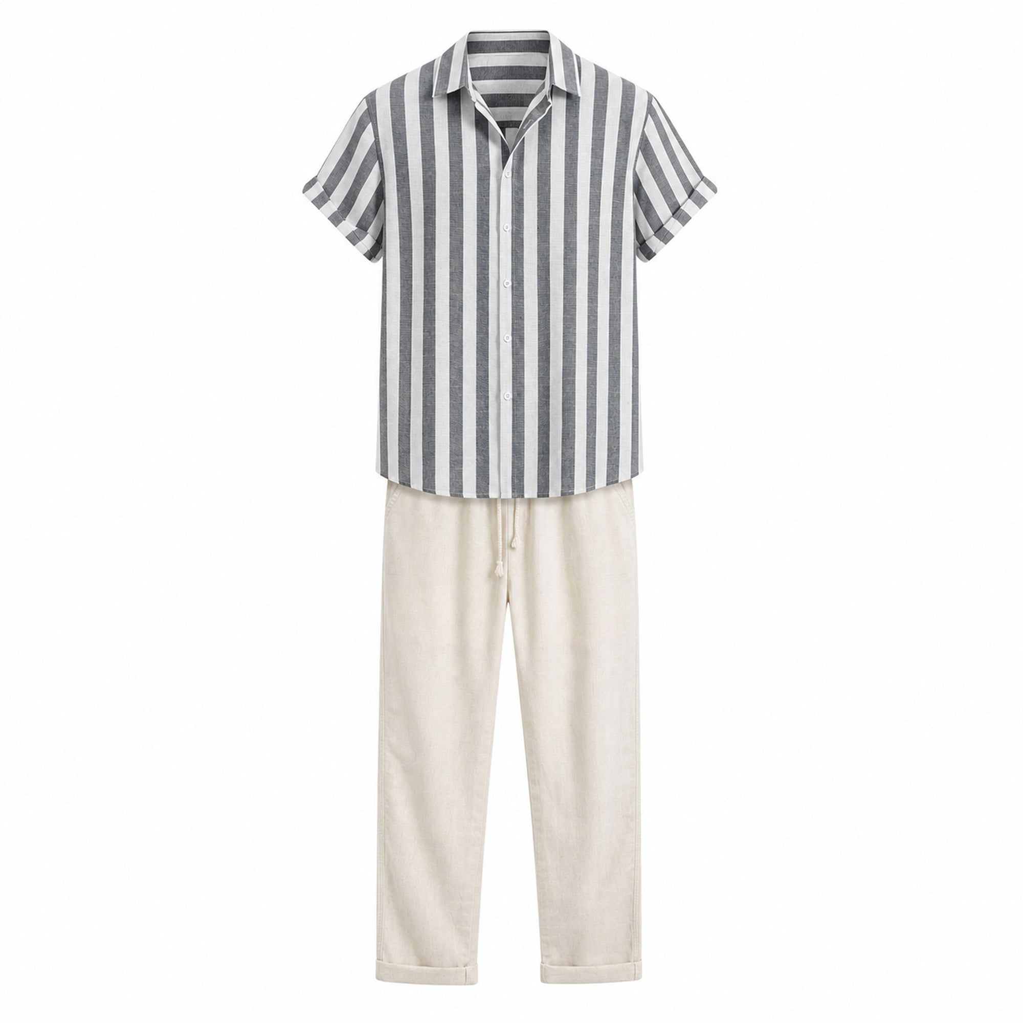 Maresaro gray and white striped shirt with ivory drawstring trousers, front ghost mannequin view
