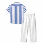 Maresaro light blue and white striped shirt with white trousers, rear studio view