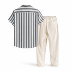 Maresaro gray and white striped shirt with ivory trousers, rear studio view