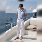 Maresaro light blue outfit styled on a Mediterranean yacht