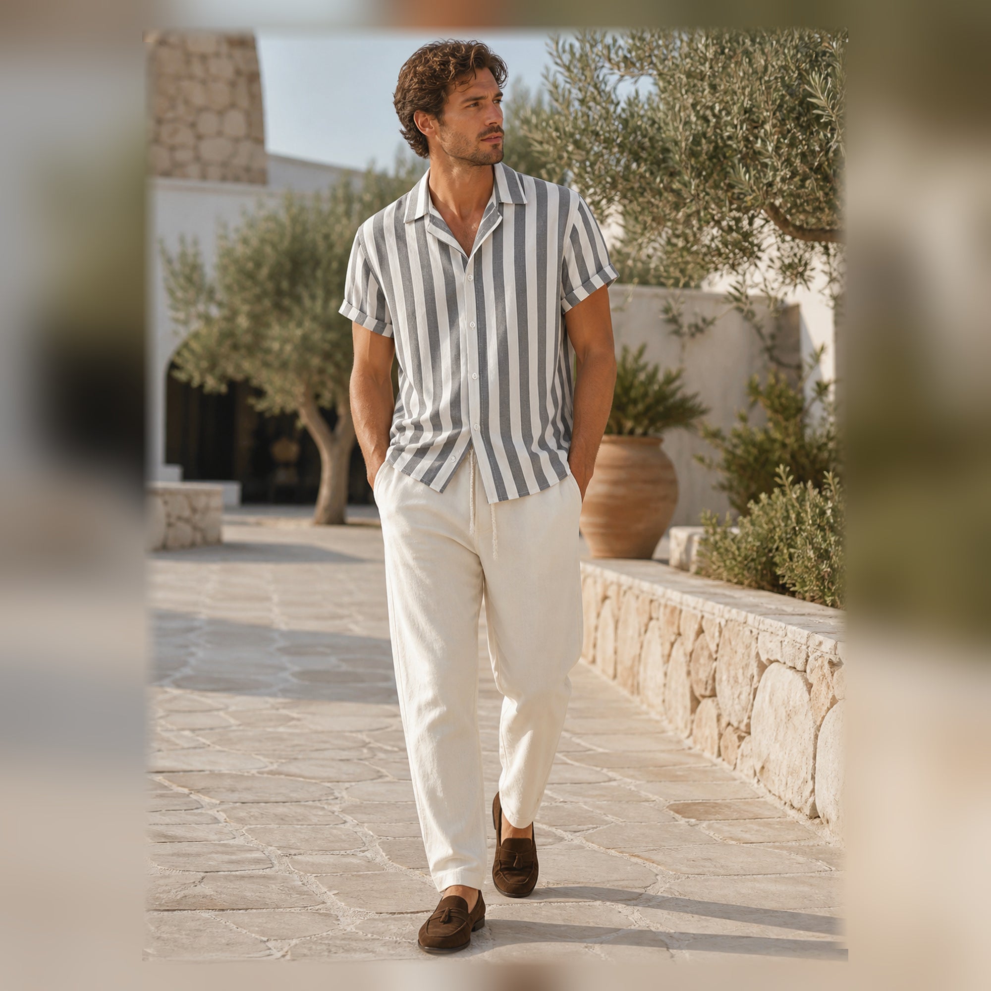 Maresaro gray outfit styled at a pale-stone coastal resort