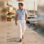 Maresaro light blue outfit styled on a marina promenade