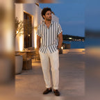 Maresaro gray outfit styled at a coastal terrace at blue hour
