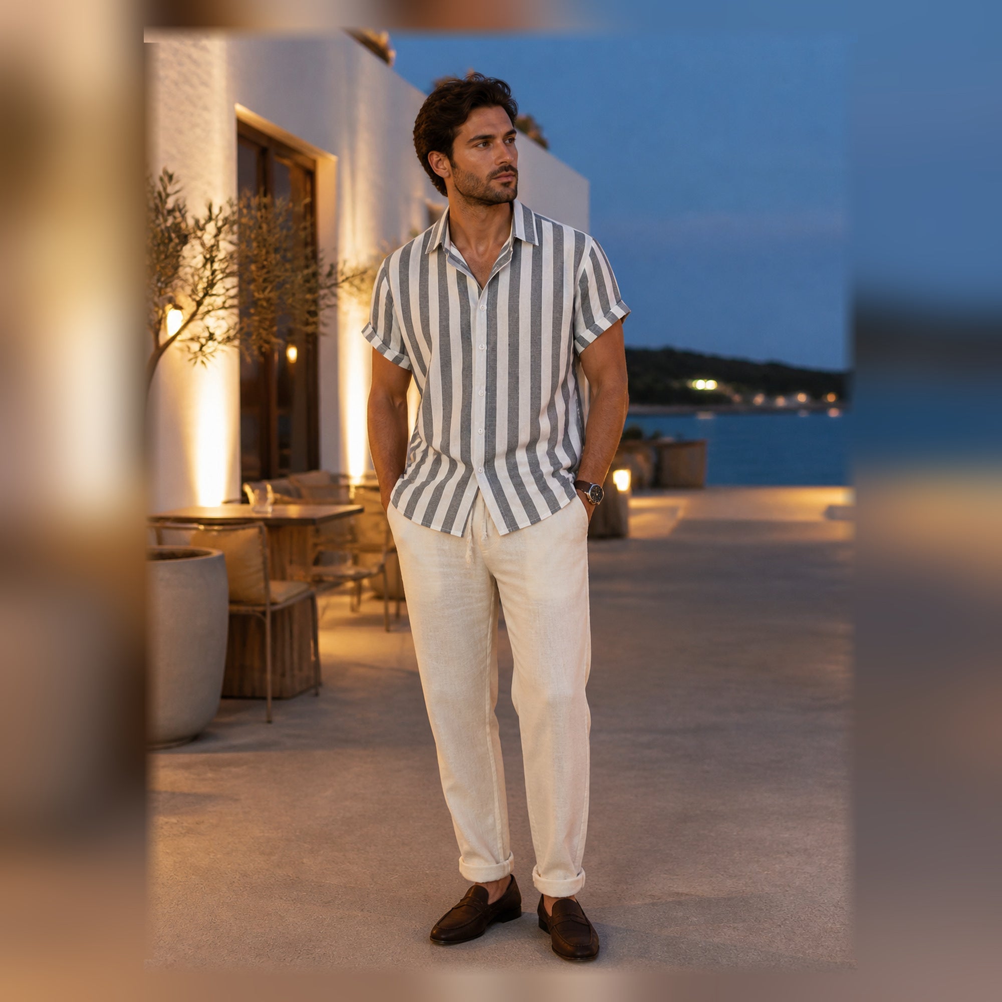 Maresaro gray outfit styled at a coastal terrace at blue hour